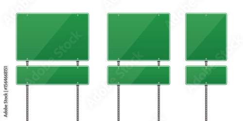 Three blank, green road signs stand on poles, ready for destination or informational text. These signs are typically used for wayfinding, directions, and advertising.