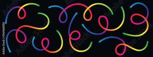 Whimsical arrangement of rainbow-colored ribbons. These vibrant strands twist and curve against the stark black background, creating a festive, energetic, and eye-catching display.