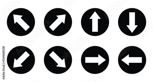 A clean, simple presentation of directional arrows. Each direction is depicted within a circular black background with a white arrow indicating movement.