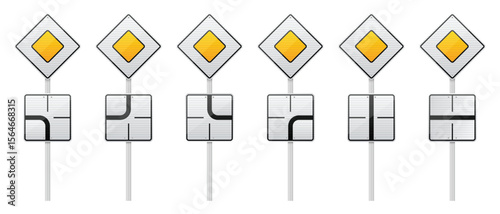 Isolated image shows six road signs indicating priority on a road. Below each sign, there is one demonstrating various intersection configurations.