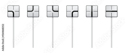 A set of six square road signs mounted on poles, each depicting a different intersection configuration with black lines on a white background, providing navigation cues.