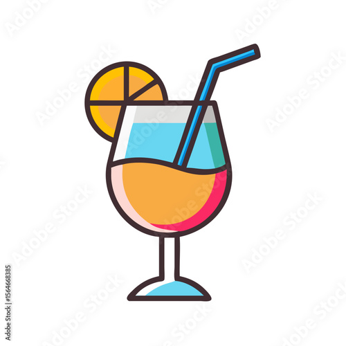 Flat colored icon tropical cocktail with orange slice and straw
