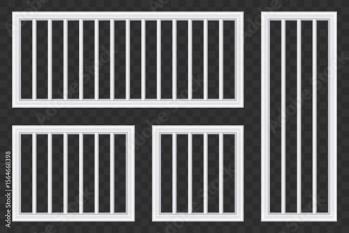This image showcases a set of pristine white railings arranged in various sizes and orientations. The composition emphasizes clean lines against a checkered background.
