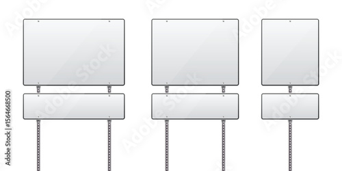 A set of three blank metal signposts of different sizes against a white background. Each sign consists of a larger blank rectangular sign and a smaller blank sign.