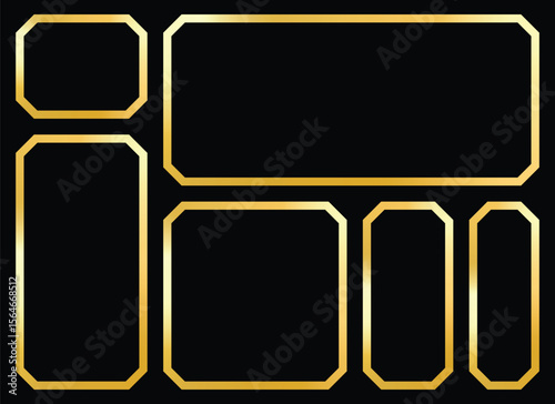 This image features a composition of golden geometric frames on a black background. The varying sizes and shapes create a structured visual. The contrast emphasizes the golden borders.