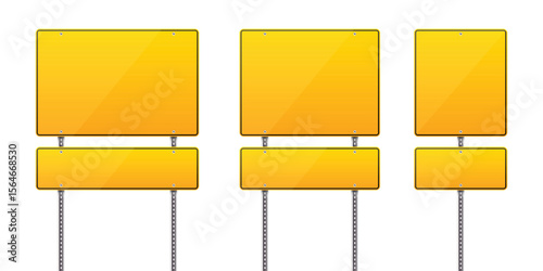 This image shows three yellow road signs. They are all slightly different sizes. The signs stand on metal poles against a white background. They are empty.