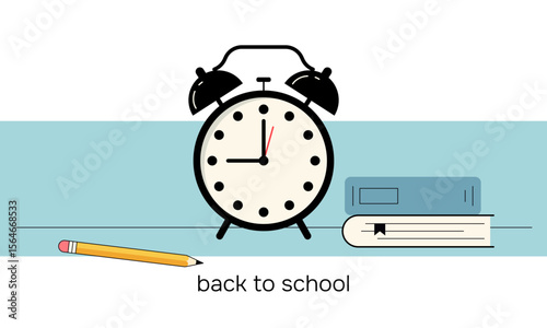 Back to School Concept with Alarm Clock and Books. Vector