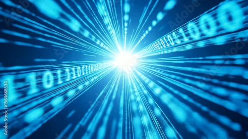 Abstract blue digital tunnel, binary code streams converge at bright light source, symbolizing data flow, information transfer, technological progress, and digital frontier