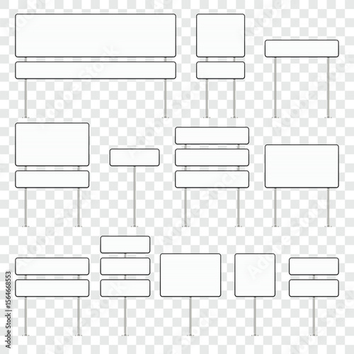 This image showcases a diverse selection of blank white signboards on metal poles, presented against a transparent backdrop. The signs are ready for customization and messages.