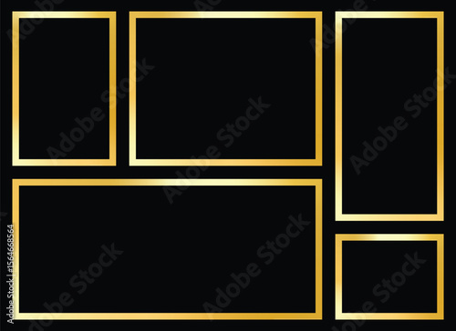 A minimalist background presents a series of golden frames against a black backdrop. The geometric arrangement of the frames creates a sleek, modern design aesthetic.  