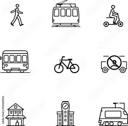 Urban mobility and infrastructure icon set with pedestrian, tram, scooter, bus, bicycle, car, clock tower, building, and train symbols