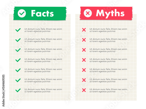 Facts and myths banner trendy style on white background. Fact checking or easy compare evidence. Concept illustration Vector 10 eps