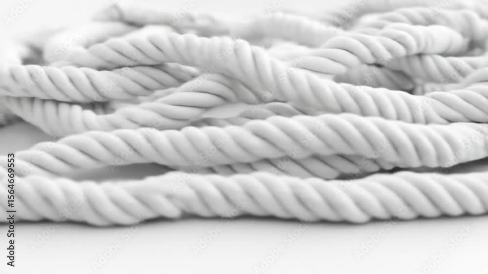 A pile of thick, white, twisted rope lies tangled on a white surface.