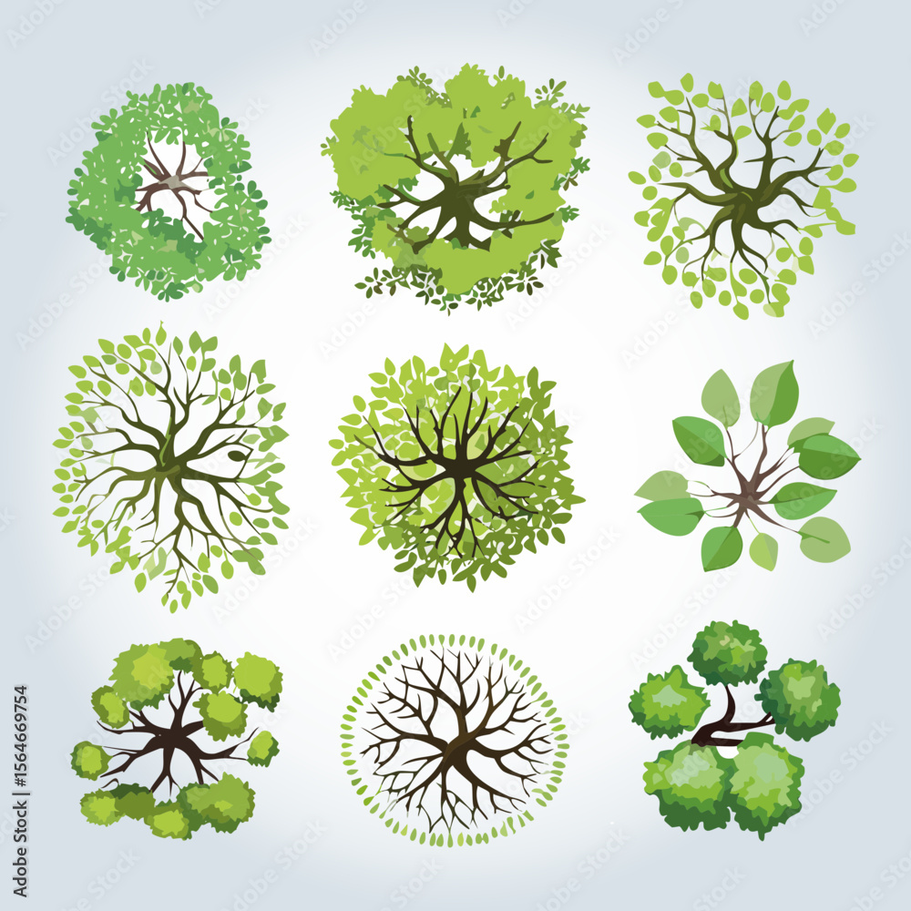 Ensemble de 9 Icônes d'Arbres et d'Arbustes pour Plans de Jardins et Architecture Vus de dessus, Nature et Végétation Couleur Vert Vecteur