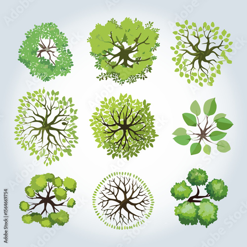 Ensemble de 9 Icônes d'Arbres et d'Arbustes pour Plans de Jardins et Architecture Vus de dessus, Nature et Végétation Couleur Vert Vecteur