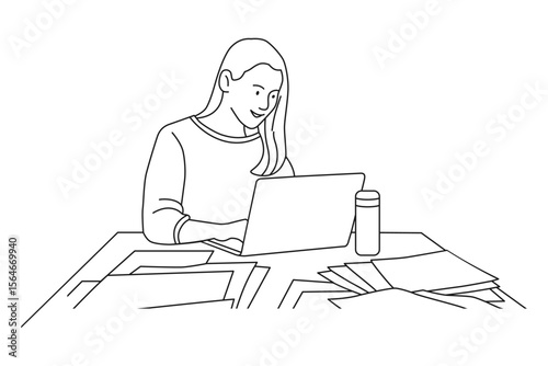 Woman working on laptop at desk with documents line art illustration
