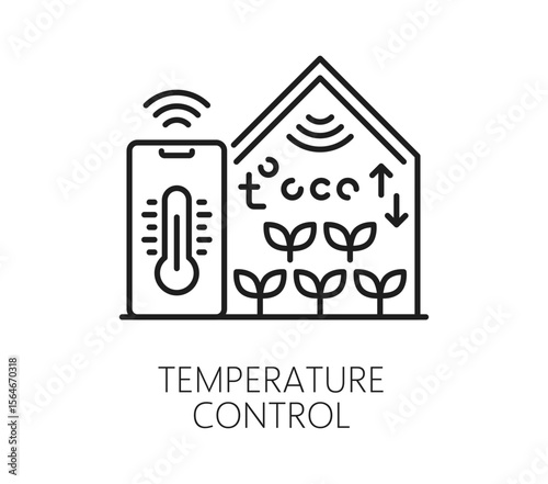 Temperature control in smart farming line icon, agriculture technology vector sign featuring a thermometer on a mobile device and greenhouse with plants. Climate automated monitoring and adjustments