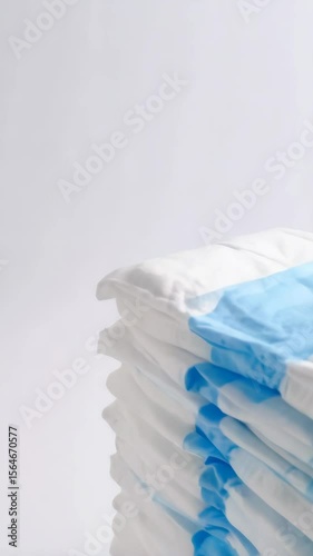 Stack of disposable white baby diapers with blue band isolated against a solid white background symbolizing childcare and hygiene products