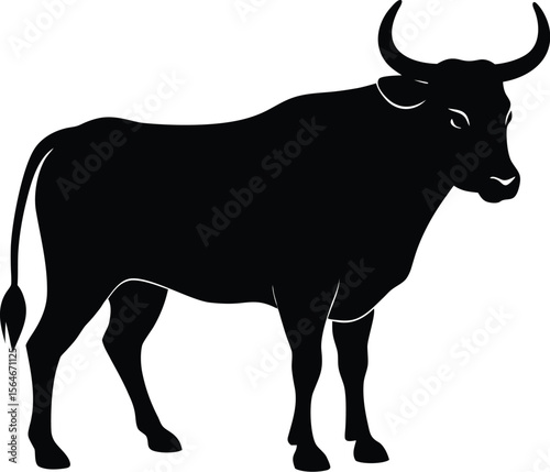 A strong black bull silhouette, isolated on white background, stands in profile view, displaying its imposing horns
