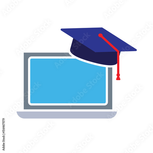 education icon. online learning. graduation cap on laptop. smart, student, studying. Flat design style