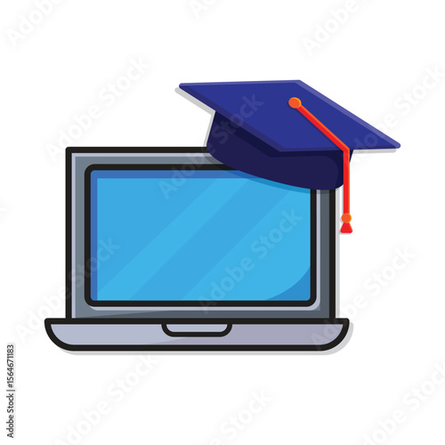 education icon. online learning. graduation cap on laptop. smart, student, studying. isometric design style