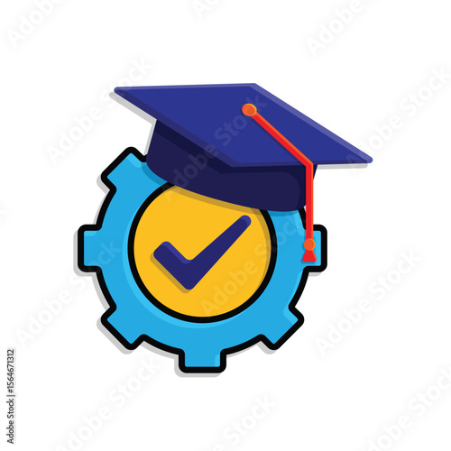 education icon. engineering learning. graduation cap on gear with check mark. smart, student, learning. isometric design style