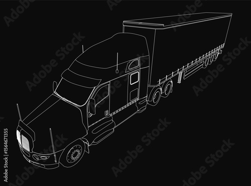 A black and white 3D model of a semi truck with detailed realism, featuring attached wagons on a sleek black background. The drawing emphasizes depth and texture, creating a striking contrast.