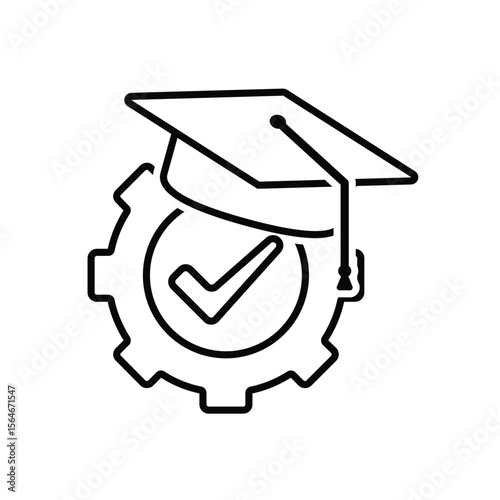 education icon. engineering learning. graduation cap on gear with check mark. smart, student, learning. Outline design style