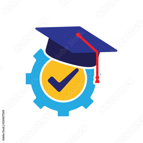 education icon. engineering learning. graduation cap on gear with check mark. smart, student, learning. Flat design style