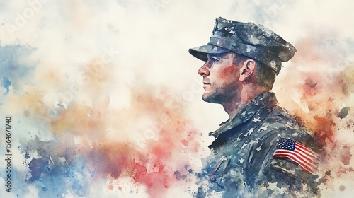 Watercolor Portrait of a Proud American Soldier in Military Uniform