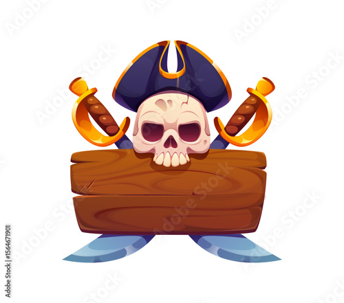Pirate signboard frame or heraldry icon of corsair skull in captain tricorn hat, vector symbol. Pirate heraldic icon of Jolly Roger skeleton skull with crossed saber swords and wooden sign board