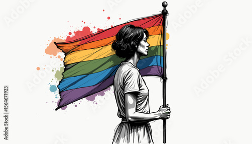 Woman holding rainbow flag against colorful abstract background