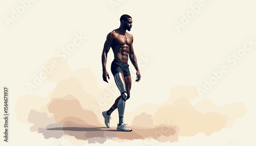 Athletic man walking with prosthetic leg on abstract background