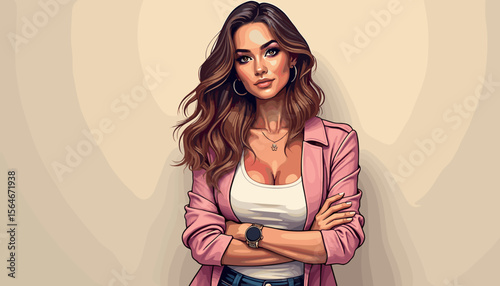 Confident woman with arms crossed against neutral background