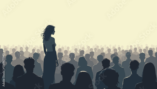 Woman standing out in crowd against light background