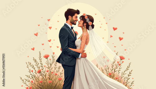 Bride and groom embracing in a romantic garden setting