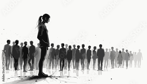 Young woman standing alone among a crowd in black and white