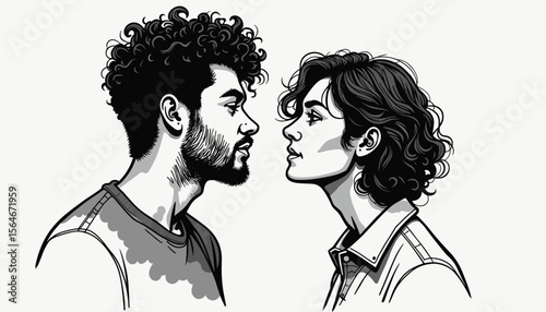 Couple gazing at each other in emotional black-and-white illustration