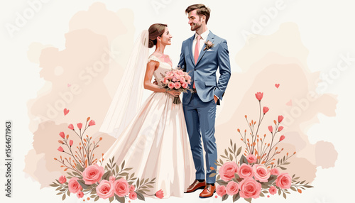 Happy couple in wedding attire smiling with floral background