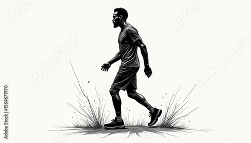 Walking man with prosthetic leg in a grassy field