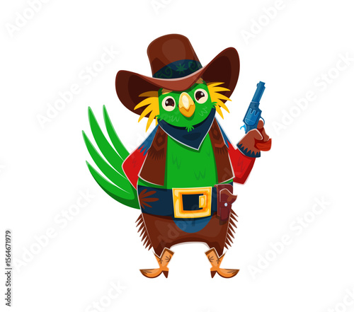 Cartoon parrot cowboy or bird bandit character and Wild West robber, vector Western sheriff. Funny parrot ranger in cowboy hat with revolver gun and boots for Wild West cartoon animal character