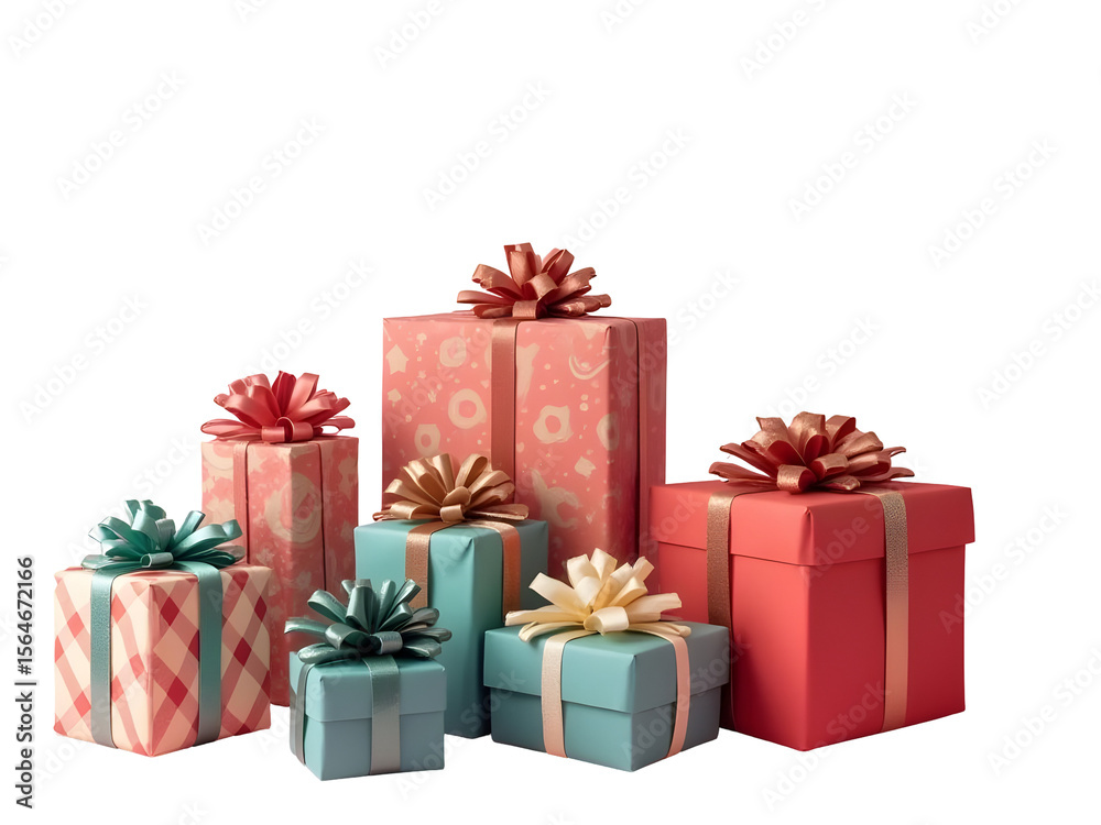 Fototapeta premium Assorted Pastel Pink Red Blue Green Wrapped Christmas Presents with Bows Isolated on a Transparent Background