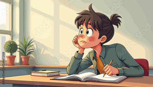 Thoughtful child studying at a desk with plants in the background