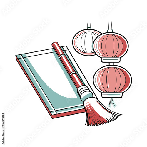 Calligraphy Brush and Red Lanterns for Mid-Autumn Festival Celebrations, Cultural Awareness, Festive Decoration Ideas, and Educational Content  