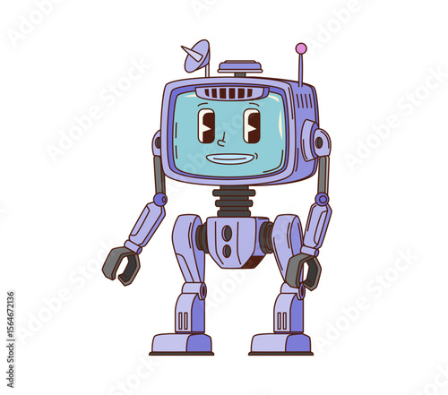 Cartoon groovy robot character with retro square head and big screen face. Vector mechanical y2k personage with expressive comic eyes, satellite antenna and monitor. Funny happy droid with metal arms