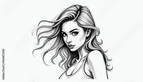 Stylish woman with flowing hair posing in monochrome illustration