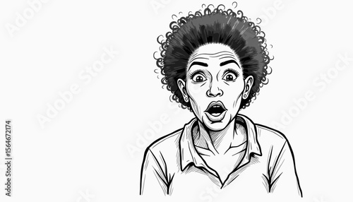 Surprised woman expressing shock in a black and white illustration