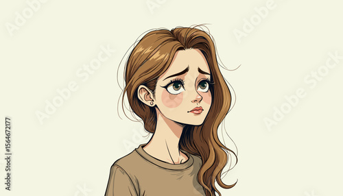 Young woman with sad expression looking up against plain background