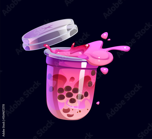 Cartoon milk bubble tea glass cup with splash of milkshake drink, vector dessert. Pink milk bubble tea or sweet beverage with boba pearls and fruit or berry flavor for milkshake or dessert drinks menu