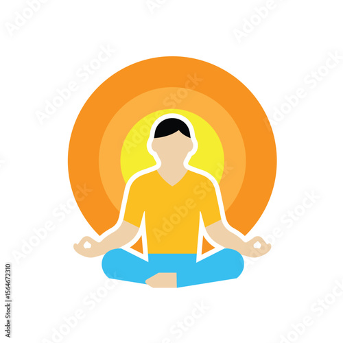 Mindfulness icon. meditation timer. person sitting lotus with clock behind. mental health, calmness, concentration. Flat design style